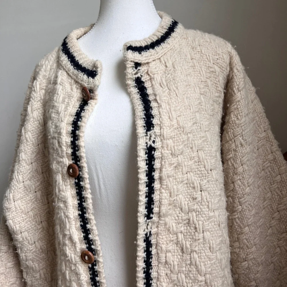 Vintage Chunky Cardigan Sweater Cream Basketweave Hand Knit Button Up Oversized